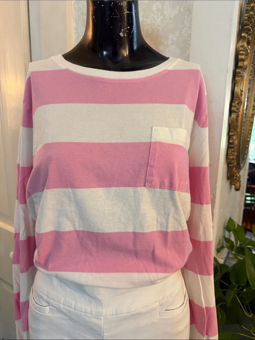 J Crew Cotton Pink & White Striped Essential Long Sleeve Tee T-Shirt Sz X-Large